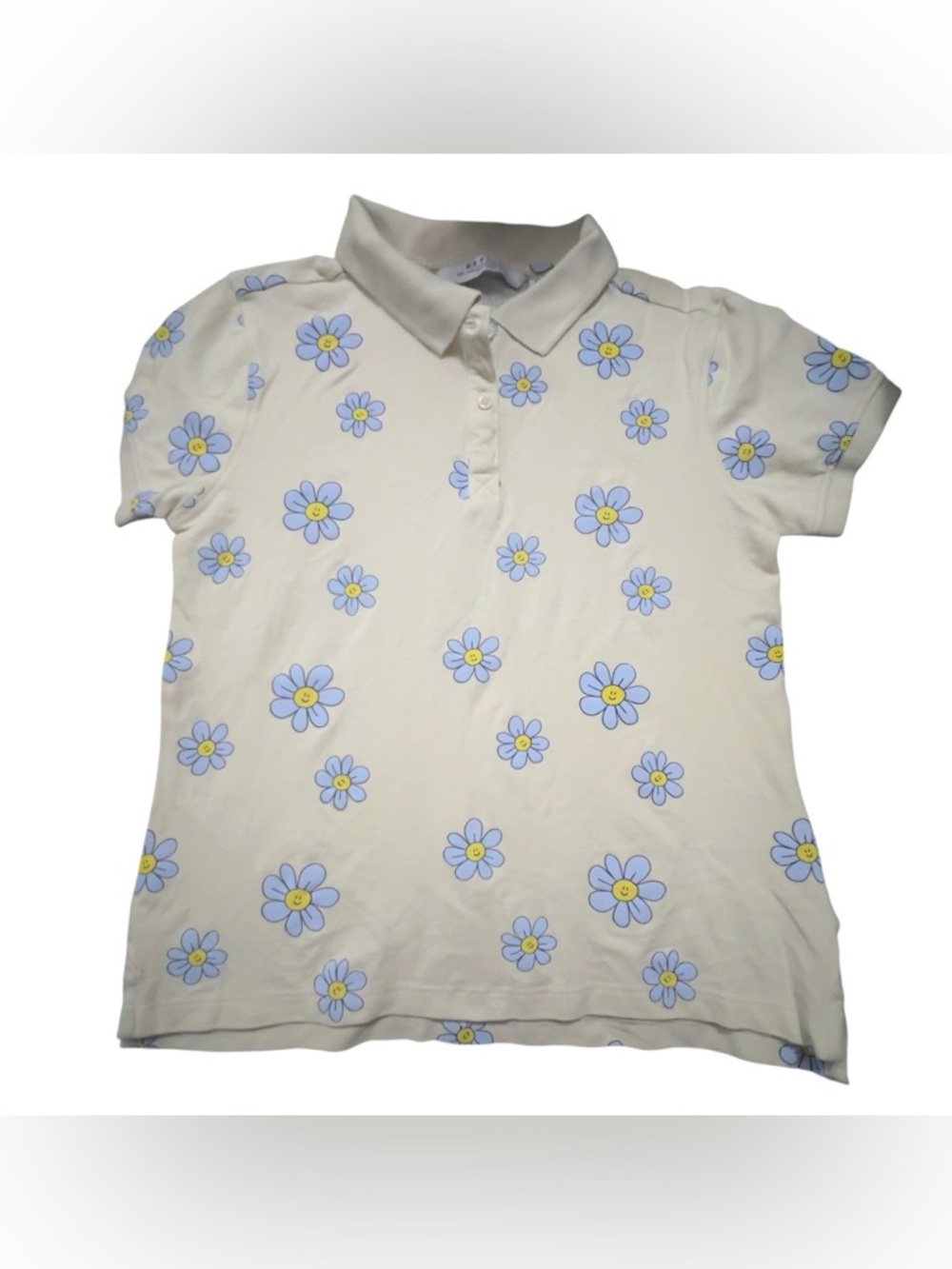 Cream Polo Shirt for Kids with Blue Daisy Print